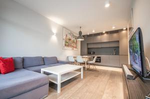 a living room with a couch and a table and a tv at InPoint Downtown Large Apartments near Market Square & Kazimierz in Krakow
