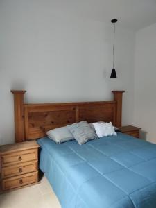 niebieskie łóżko z dwoma poduszkami na górze w obiekcie LOMAS AEROPUERTO w mieście San Agustin de las Juntas