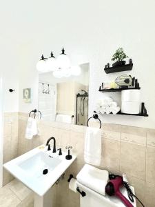 a bathroom with a sink and a toilet and a mirror at Crest Lake Beach House in Clearwater