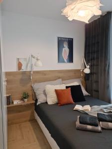 Un dormitorio con una cama con dos libros. en Apartament Kilińskiego, en Siedlce