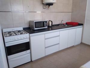 La cocina está equipada con fogones y microondas. en Cabaña Doña Alicia en San Rafael