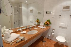 a bathroom with a sink and a toilet and a mirror at Hotel zum Ritter in Fulda