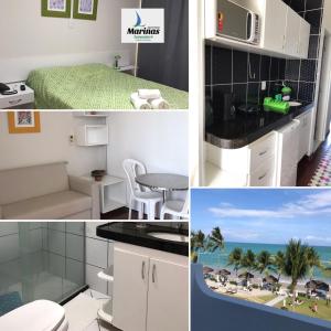 a collage of photos of a kitchen and a beach at Apart Hotel Marinas Tamandaré in Tamandaré