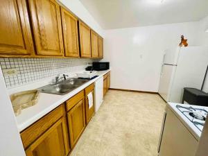 a kitchen with a sink and a white refrigerator at Lg. 2 br Apt. North of Chicago w/ Free Parking in Des Plaines
