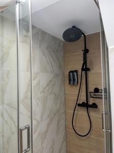 La salle de bains est pourvue d'une cabine de douche en verre. dans l'établissement Très bel appartement type loft de 40 m2 dans maison avec parking privatif, à Lingolsheim