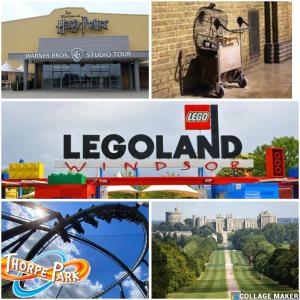 une collection d’images de différents types d’attractions dans l'établissement Royal Brick Home - Sleeps 5 to 6 - No ULEZ - Tube Nearby - Free Parking - Lego Themed, à Slough