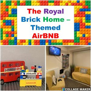 een collage van drie foto's van een woonkamer met een lego bakstenen huis bij Royal Brick Home - Sleeps 5 to 6 - No ULEZ - Tube Nearby - Free Parking - Lego Themed in Slough