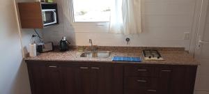 a kitchen counter with a sink and a microwave at Apart Azul Calafate in El Calafate