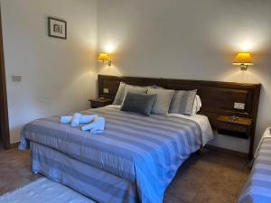 Un dormitorio con una cama con toallas azules. en Le Focette dell'Orso, en Scanno