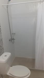 a bathroom with a white toilet and a shower at Monoambiente in Mercedes +5 photos