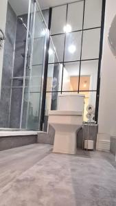 La salle de bains est pourvue de toilettes et d'une grande paroi en verre. dans l'établissement ABBA Views, à Londres