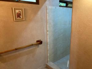 a shower with a glass door in a bathroom at Lodge Margouillat in Tambor