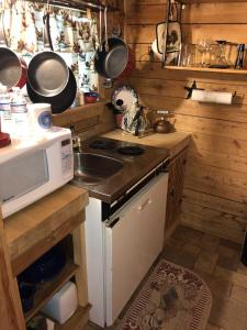 a kitchen with a stove and a sink and a microwave at Country Accents - Lee Cabin in Pipe Creek