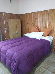 - un grand lit violet dans une chambre dotée de murs en bois dans l'établissement Cómodo monoambiente a 5 minutos del centro!, à San Carlos de Bariloche