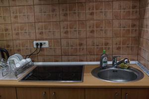 a kitchen counter with a sink and a stove at Diana’s Apartment in Arad