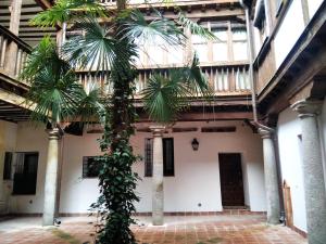 a building with two palm trees in a courtyard at El PORTON DE LA BELLOTA - CON PARKING GRATIS - EN EL CENTRO DE TOLEDO in Toledo