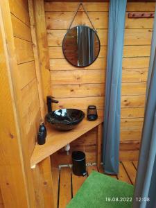 a bathroom with a sink in a wooden cabin at Kousek klidu in Oldřichov v Hájích