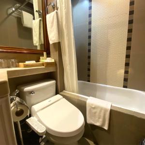 a bathroom with a white toilet and a bath tub at Herald Suites in Manila