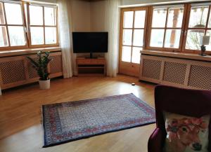 uma sala de estar com uma televisão, um sofá e um tapete em Ferienhaus Luise em Samerberg