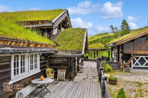 a house with a grass roof with a wooden deck at Large cabin on Nesfjellet pure luxury feeling in Nes i Ådal