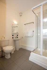 a bathroom with a shower and a toilet and a sink at IFSC Townhouse Apartments in Dublin