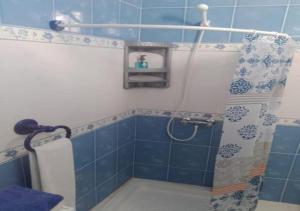 a bathroom with a shower with a blue tile wall at Djerba house in Houmt Souk