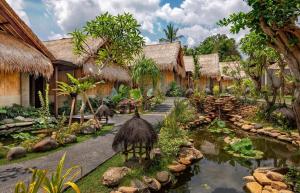 a group of houses with a pond in a village at Fivelements Retreat Bali in Ubud