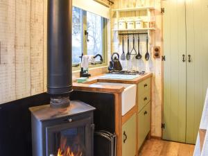 uma cozinha com um fogão a lenha em Birchwood House Farm Shepherds Hut em Sherfield English