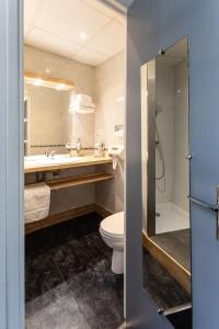La salle de bains est pourvue de toilettes, d'un lavabo et d'une douche. dans l'établissement Hôtel Brasserie du Parc, à Albi
