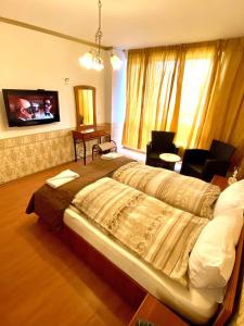 1 dormitorio con 1 cama grande y TV en Guest ROOMS with living room, dining room and kitchen next to CENTER SOFIA en Sofía