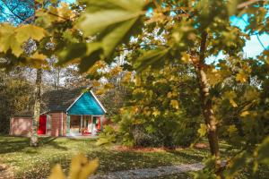 a small house with a blue roof in the grass at Vakantiepark Sallandshoeve in Nieuw-Heeten