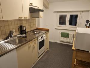 a kitchen with a sink and a stove at 24-7 Rooms in Sennwald
