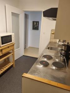 a kitchen with a stove top with a microwave at 24-7 Rooms in Sennwald