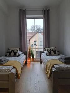 1 dormitorio con 2 camas y ventana grande en ŁośHouse, en Bytów