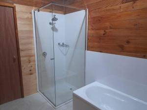 a bathroom with a shower and a white sink at Bells Beach Family Retreat in Bellbrae +40 photos