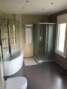 ein Bad mit einer Badewanne, einer Dusche und einem WC in der Unterkunft Villa Julianna in Loutraki