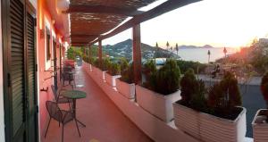 un balcone con tavolo, sedie e piante in vaso. di Hotel Ortensia a Ponza