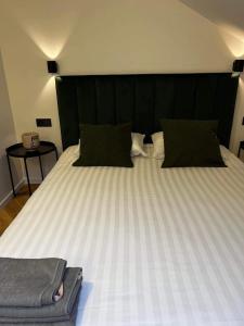 ein Schlafzimmer mit einem großen Bett mit schwarzem Kopfteil in der Unterkunft Izabelės apartamentai. Butas - studija in Palanga