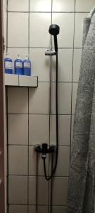 una ducha con una manguera pegada a una pared de azulejos en Villa Pikkumustikka en Töysä