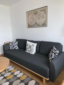 a black couch in a living room with pillows on it at DeichApartments70-78 in Bremerhaven