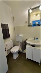 a bathroom with a white toilet and a sink at DeichApartments70-78 in Bremerhaven