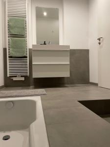 y baño con lavabo blanco y espejo. en Stilvolle Apartments auf dem Weingut Schätzel, en Nierstein