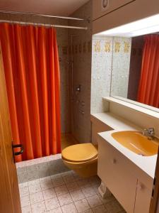 Lovely 1-bedroom apartment in the heart of Davos في دافوس: حمام مع مرحاض وستارة استحمام برتقالية