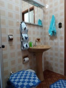 a bathroom with a sink and a mirror at Casinha in Socorro