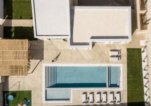 an overhead view of a swimming pool next to a building at Ayali Villa II, a divine luxury homestay, By ThinkVilla in Achlades