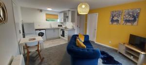 a living room with a blue couch and a kitchen at The Tackeroo Suite in Hednesford