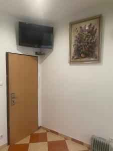 a room with a television on the wall and a door at Viktoria in Vienna
