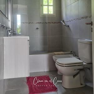 a bathroom with a toilet and a tub and a sink at Clara en el Cerro in Tandil