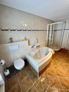 ein Badezimmer mit einer Badewanne, einem WC und einem Waschbecken in der Unterkunft Landhaus Roland in Umhausen