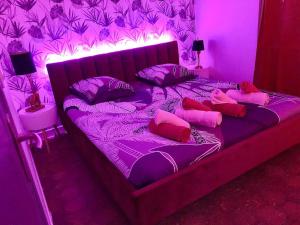Dormitorio púrpura con cama con almohadas en La lover’s jungle, en Pont-sur-Yonne